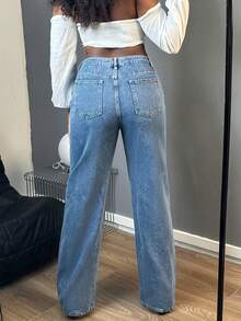 Women's Loose Fit Straight Leg Denim Pants - Pearl Studded, Classic Zipper & Button, No Stretch(The Size Is Slightly Small; It Is Recommended To Order One Size Up.) - 中等水洗藍 - 查看 7