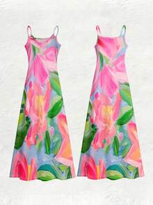A Piece Of Artistic Impression Knitted Fabric With Soft Skin-Friendly Texture, Women's V-Neck Spaghetti Strap Maxi Dress, Suitable For Summer Gifting And Personal Use, Colorful Ink Floral Print V-Neck Spaghetti Strap Maxi Dress - 彩色 - 查看 5