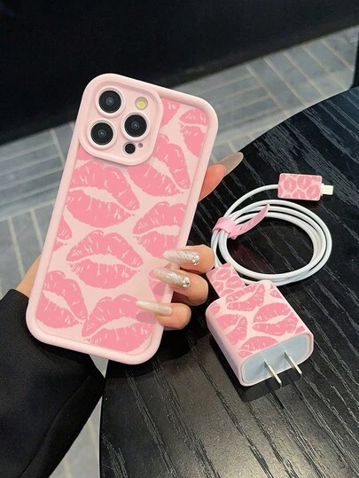 4-Piece Pink Lip Print Matte Soft TPU Phone Case And Charger Protector Set, Full Protection Anti-Drop, Compatible With IPhone 11 12 13 13 Pro Max 14 Pro Max, 15 15 Pro 15 Plus 15 Pro Max, 16 16 Pro 16 Plus 16 Pro Max, 17 Air