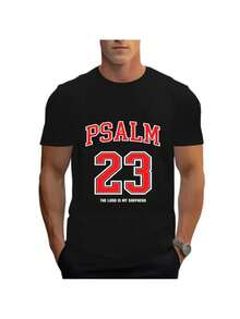 Camiseta masculina casual com estampa do Salmo 23:9 - Manga curta, gola redonda, preta com estampa vermelha e branca, ideal para esportes e atividades de lazer no verão. - Preto - Ver 1