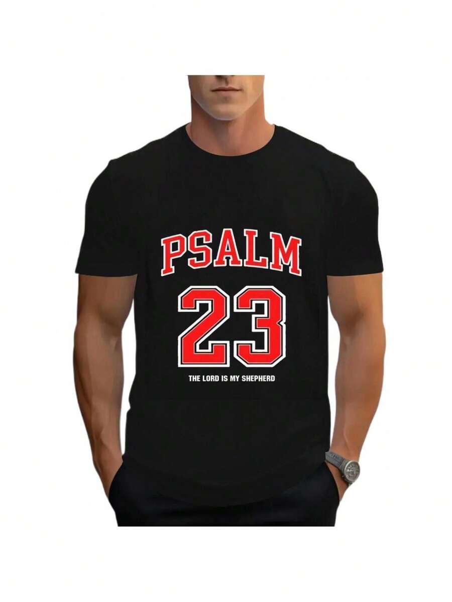 Camiseta masculina casual com estampa do Salmo 23:9 - Manga curta, gola redonda, preta com estampa vermelha e branca, ideal para esportes e atividades de lazer no verão. - Preto - Ver 1