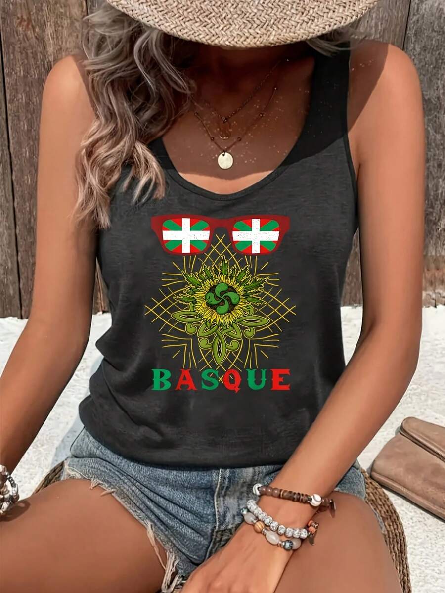 Spain 1pc Women's Plus Size Tank Tops Crew Neck Novelty Shirt Casual Top Funny Graphic Tee Sleeveless Summer Vacation Clothing - 黑色 - 查看 1