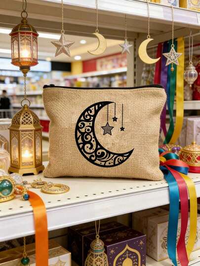 Stars And Moon Pattern,Reusable Ramadan Kerem Print Cosmetic Bag, Large Capacity Ladies' Travel Makeup Bag, Portable Foldable Storage Bag, Lightweight Makeup Pouch For Cosmetics, Toiletries, Accessories Storage, Stars Moon Coin Purse, Wash Bag,Travel Organizer,Islamic Zipper Bag, Ideal Gift For Friends And Sisters, For New Year, Valentine'S Day, Festival,Arabic ,Muslim ,Ramadan Mubarak,Eid Mubarak,Bismilah,Iftar