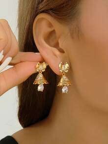 1 Pair Luxurious Jhumka Copper Zirconia Butterfly Earrings, Golden Fashion Creative Bell Teardrop Rhinestone Cute Jhumki Earrings, Suitable For Girls, Women's Daily, Festival, Wedding And Party Wear/Jewelry Gift - Classic - View 4