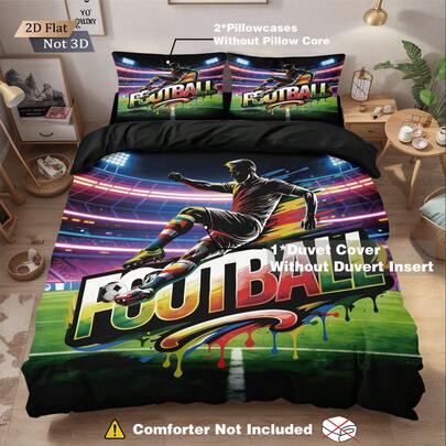 3pcs Soccer Player & Ball Digital Print Bedding Set, Including 1 Duvet Cover And 2 Pillow Shams, No Filler, Soft & Comfortable Bedding, Polyester, Suitable For Indoor Decor, Home Goods, All Seasons, Great Gift For Boys, Girls, Teens