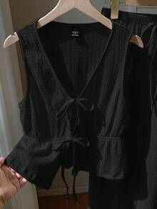 Conjunto casual de dos piezas para mujer: top de punto texturizado sin mangas y pantalón recto con cordón - Negro - Ver 5