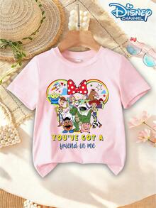 Disney T-Shirt Toy Story Girl Round Neck Short Sleeve Minnie Bow Mickey Head+Toy Story All Staff Print+"YOU'VE GOT A FRIEND IN ME" Slogan Sweet And Cute Style Summer Suitable For Parent Child Interaction/Theme Parks/Daily Dressing - Rose pâle - Voir 2
