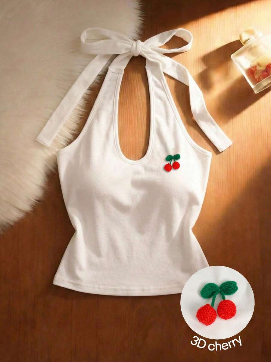 Áo hai dây croptop dễ thương cho nữ - Màu trắng, cổ chữ U, họa tiết quả anh đào 3D, nơ phía sau. - trắng - Xem 1