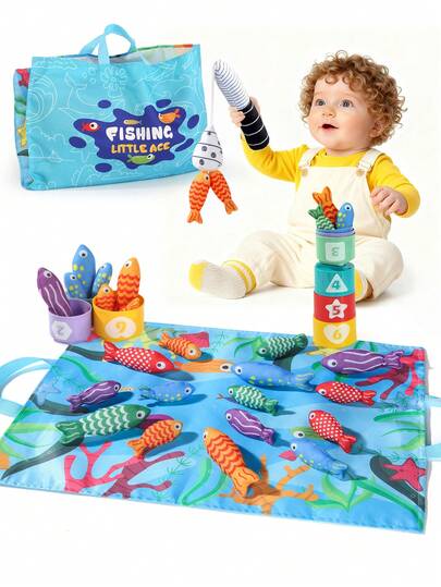 1 Set Toddler Fabric Fishing Toy, Number Matching Stacking Cups Fishing Toy Set With Hook And Loop Sticky Fish, Foldable Fabric Bag For Easy Storage, Early Education Interactive Crawling Toy Suitable For Boys And Girls, Children's Day/Birthday Gift (Accessory Colors Random)