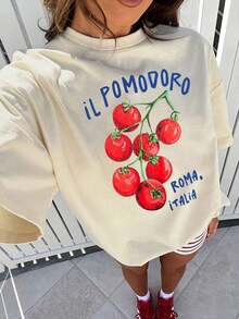 Il Pomodoro Tomato Print Pattern, Summer Beach Outfits, Graphic Tees For Women, Plus Size Women T-Shirt, Plus Size Women Casual Round Neck Short Sleeve T-Shirt Women's Summer Cotton Short Sleeve T-Shirt, Beach Vacation, Literary & Fresh Style - 杏色 - 查看 6