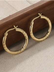 复古圆形厚铜质雕花耳环，时尚金色耳环，适合女性佩戴 - 金色 - 查看 5