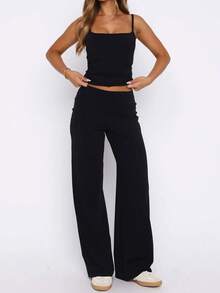 Women's Summer Two Pieces Black Simple Casual Hottie Suspender Top And Wide Leg Pantsuit Is Suitable For Daily Commuting - Black - View 7