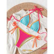 Women's BikiniBlue Pink Color Block - XL Retro High Waist Swimsuit, TriangleAdjustable Tie Bathing Suit, Summer Beach Pool Swimwear - 多色530 - 查看 7