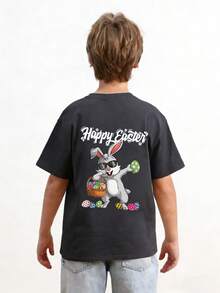 Camiseta con estampado de conejo y huevos de "FELIZ PASCUA" para niño preadolescente, adecuada para uso festivo, uso casual, uso urbano, top de verano de moda. ¡Regalo de Pascua ideal para niños, atuendo perfecto para celebrar la Pascua! - Gris Oscuro - Ver 2