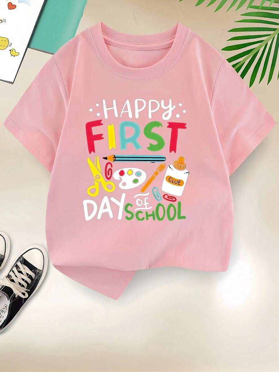 Mädchen-T-Shirt mit dem Aufdruck "Happy Back to School" – Lässiges Baumwoll-T-Shirt mit Rundhalsausschnitt, farbenfrohem Schulmotiv-Print, kurzen Ärmeln, ideal für den Sommer, mit Cartoon-Illustrationen - Pink - Übersicht 1