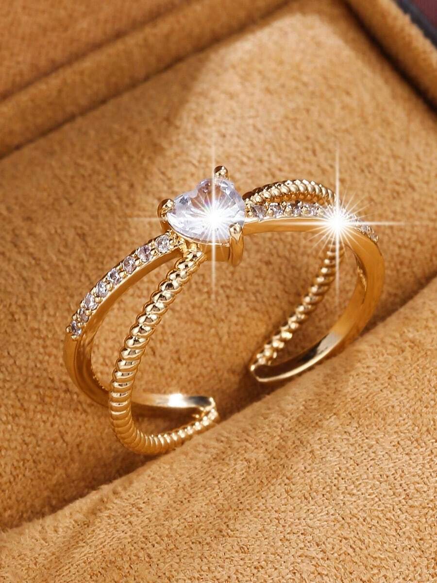 1pc Gentle Heart Sparkle Adjustable Ring, Double-Layer Criss-Cross Design, Luxury Daily Wear Accessory - Ring - View 1