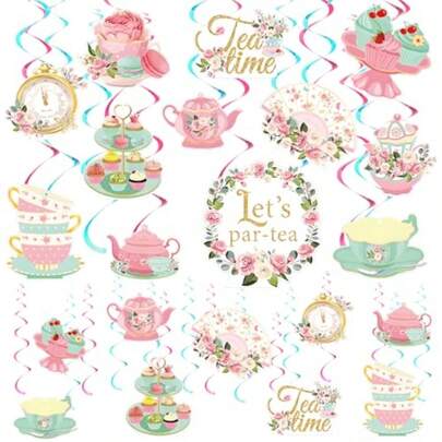 Spakon 72pcs Tea Party Decoration Spring Floral Tea Time Hanging Swirls Decoration Teacup Cupcake Teapot Ceiling Decoration For Mother's Day Wedding Princess Birthday Talking Party Favor