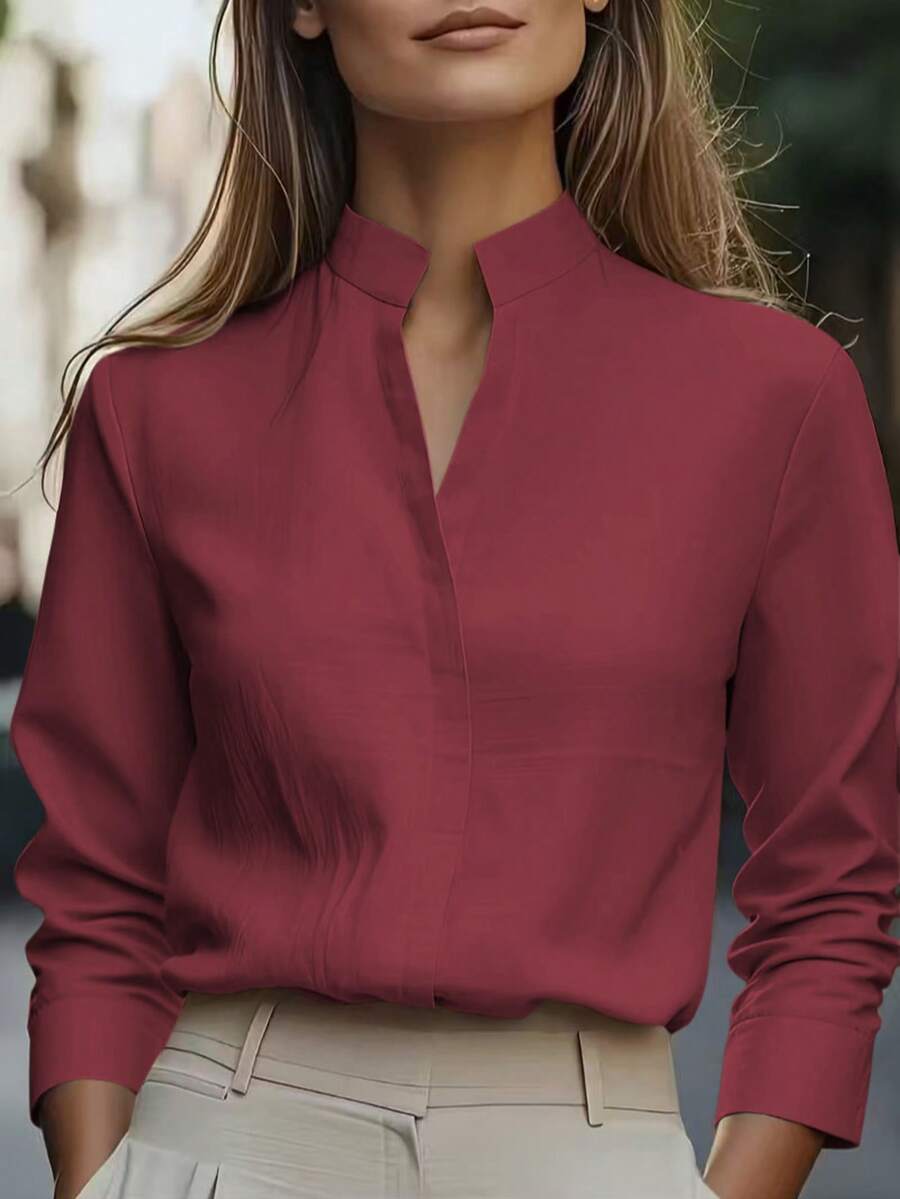 欧美简约纯色通勤衬衫，缎面领设计，长袖修身优雅上衣，春季款 - 酒紅色 - 查看 1