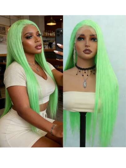 180% Density 13*4 Lace Front Synthetic Wig With Bangs, Heat Resistant & Breathable, Made Of Synthetic Fiber, Natural Hairline, Freely Parted, Suitable For Party, Daily Wear, Music Festival, Green Straight Bangs Wig For Spring/Summer
