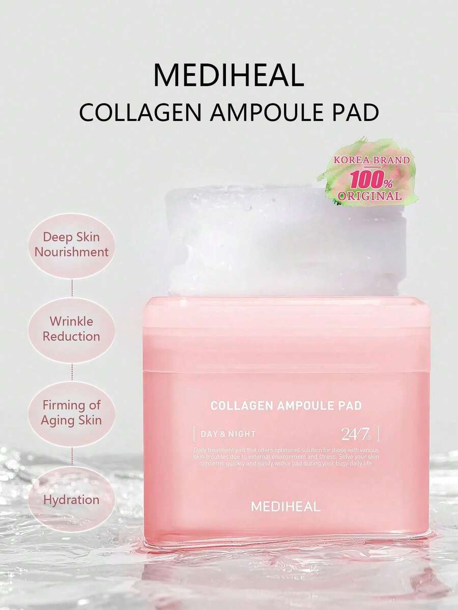 Mediheal 100片/170毫升/5.74液盎司胶原蛋白安瓶化妆棉，轻盈透明乳白色绗缝棉，保湿弹力层，10秒快速吸收，零残留，卫生密封包装，晒后护理，健身包必备，妆前乳，睡眠眼罩替代品，韩国化妆品