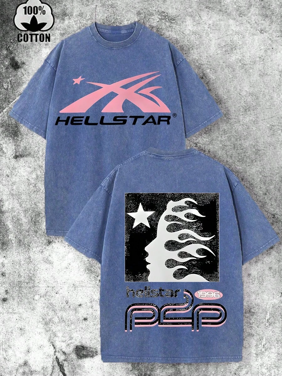 Hell Star Paradise Skull Flame Distressed Oversized Graphic Tee Men's Short Sleeve Pure Cotton T-Shirt Loose Fit, Y2K Streetwear Vintage Casual Punk Gothic Aesthetic Baggy 100% Cotton Pullover Gift - Navy Blue - View 1