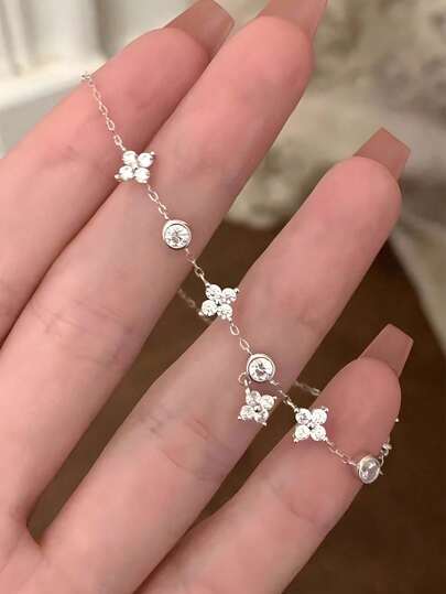 BALMORA 1pc 925 Sterling Silver Vintage Minimalist Cute Fashionable Exquisite Sparkling Floral Zirconia Flower Chain Bracelet, Gift For Women, Friends, Lovers, Birthday