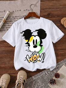 Disney Mickey Mouse Glitch Effect Neon Wow Art Printed Pattern T-Shirts For Girls - Children's Clothing Design Short-Sleeved Casual And Cute Style Comfortable And Casual Wear All Year Round Suitable For Parties And Play Machine Washable Gift Children's Clothing Girls' Short-Sleeved Shirts - 白色 - 查看 2