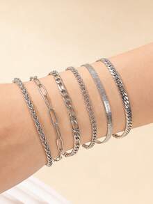 6pcs Stainless Steel 304 Silver Minimalist Chain Bracelet Set, Suitable For Women Layering Or As Gift - Silver - View 1