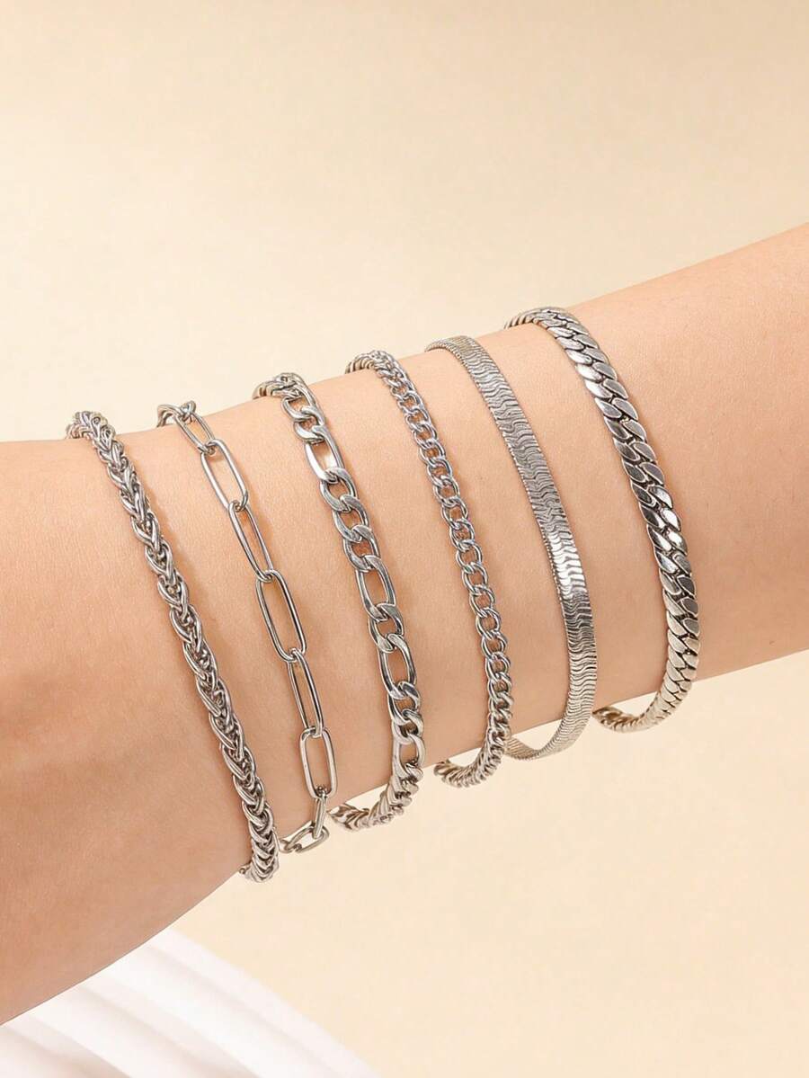 6pcs Stainless Steel 304 Silver Minimalist Chain Bracelet Set, Suitable For Women Layering Or As Gift - Silver - View 1