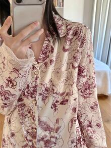 两件套蕾丝边撞色长袖长裤睡衣套装，碎花休闲家居服，四季皆宜 - 紅色 - 查看 4