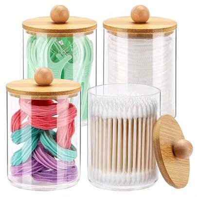 Cotton Swab Box With Bamboo Lid, Transparent Plastic Medicine Bottle Jar, Ideal For Organizing Cosmetics On Your Vanity - Bathroom Accessory For Storing Cotton Swabs, Cotton Balls, Makeup Pads, And Dental Floss