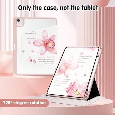 1pc Pink Flower & Butterfly Pattern Flip Cover Tablet Protective Case, With Pen Slot, 720 Degree Rotating Stand, PU Leather Case With Auto Sleep/Wake Function, Suitable For Huawei, Honor, Apple, , Tablets, Suitable For Back To School, Valentine's Day