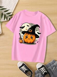 T-shirt enfant Halloween - Sorcière citrouille noire mignonne avec chapeau de sorcière, T-shirt doux à col rond pour garçons et filles, tenue d'automne ou pour une fête d'Halloween (entretien facile), vêtements festifs pour enfants - Rose bonbon - Voir 1