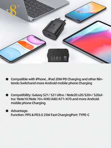 D8 1 paquete Kit de Carga Rápida: Cargador de Pared USB C PD25W + Cable Tipo C PD de 100W/5A, Compacto y Elegante para Mujeres. Pantalla LED Muestra Claramente el Estado de Carga, Conveniente Día y Noche. Compatible de Alta Velocidad con 16/16 Pro/16 Pro Max/15/15 Max/15 Pro/15 Pro Max - Carga 50% en 30 Minutos - Enchufe EU Tipo C(220-240V) - Ver 7