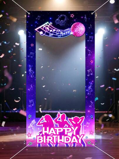 1件装音乐主题生日相框，女孩团体生日拍照道具，带发光球、星星和麦克风设计，音乐派对拍照横幅，乙烯基背景布，舞会装饰配件，生日快乐装饰，生日礼物，节日派对背景用品