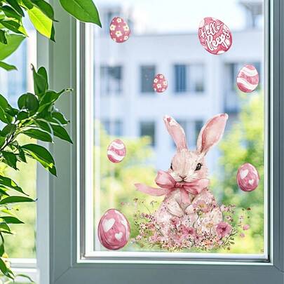 1pc Cute Pink Bow Bunny Window Sticker, Includes Floral & Easter Egg Patterns, Removable DIY Decal, Suitable For Spring Easter Bedroom, Living Room, Balcony & Shop Window Decoration