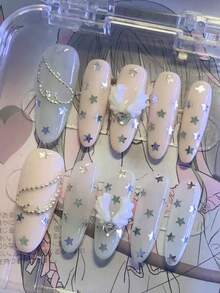 10 Móng Tay Giả Dài Kiểu Stiletto - Làm thủ công, phối màu kem trắng và hồng nhạt với cánh trắng 3D đối xứng, hạt thép và sequin hình ngôi sao | Nghệ thuật làm móng Kawaii mộng mơ cho buổi hẹn hò/tiệc tùng/lễ hội anime | Tặng kèm: 1 tờ keo dán móng dạng gel siêu chắc + 1 dũa móng mini, bộ móng ma thuật có thể tái sử dụng - Follow Your Heart - Xem 4