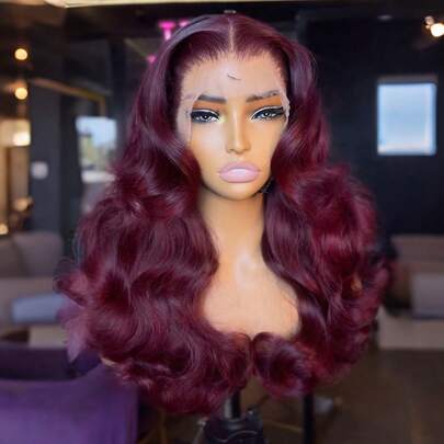 99J Wine Red Fluffy Wavy 13X4 Lace Front Synthetic Wig, Pre-Plucked Bleached Knots, Suitable For Cosplay, Daily Party, Heat Resistant Fiber Front Wig