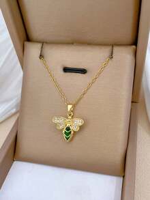 1件绿色蜜蜂吊坠项链，奢华立方氧化锆项链，百搭钛钢链项链，女士款 - 均碼 - 查看 4