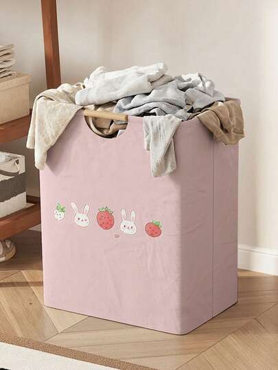 1pc Rabbit & Strawberry Pattern Open Storage Box Foldable Laundry Basket With Wooden Handle Collapsible Dirty Clothes Hamper For Home Bathroom - Cute Character Organizer For Laundry And Storage, Lightweight Portable Laundry Bin, Durable Foldable Box With Wooden Handle For Tidy Bedroom, Closet, Laundry Room, Kids' Room, Easy Access, Space-Saving, Quick Cleanup, Practical Home Essentials