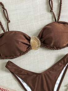 Bikinx 女士高弹力比基尼套装，时尚细肩带，贝壳扣细节，露背款式 - 棕色 - 查看 4