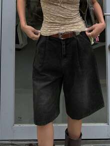 Quần short denim ống đứng dáng rộng màu đen ánh kim phong cách retro dành cho nữ, không kèm thắt lưng, thích hợp cho mùa xuân/hè. - màu đen - Xem 1
