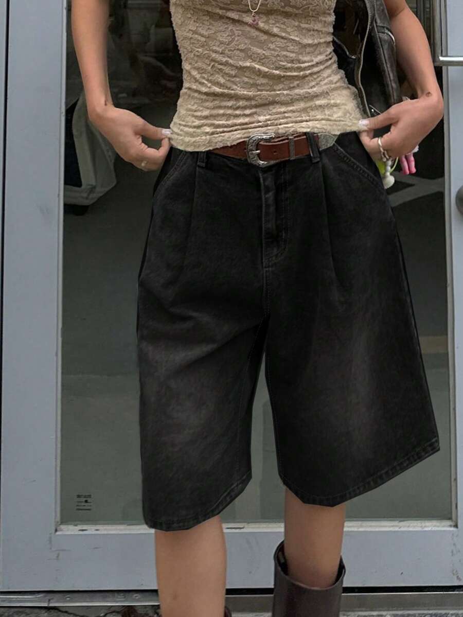 Quần short denim ống đứng dáng rộng màu đen ánh kim phong cách retro dành cho nữ, không kèm thắt lưng, thích hợp cho mùa xuân/hè. - màu đen - Xem 1