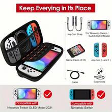 1个Switch游戏机便携包，兼容NS/OLED，EVA硬壳拉链保护袋，防震防刮，适用于游戏机收纳、户外游玩、日常携带、配件收纳、游戏旅行保护（不含游戏机） - 黑色 - 查看 3