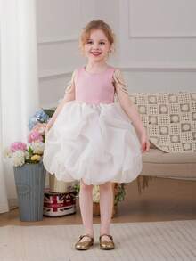 Young Girls Pearl Chain White Mesh Elegant Party Dress, Princess Dress, Pink Dress, Suitable For Girls Birthday Party, Prom, Wedding Flower Girl, Graduation, Casual Outings - Pink - View 7