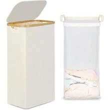 75L Narrow Laundry Basket With Bamb*Oo Handles And Removable Bag For Bathroom & Bedroom Use - Beige Color - Beige - View 10