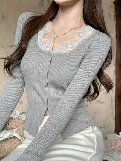 Women's Gray Lace Patchwork Halter Neck Knit Cardigan, Spring/Summer New Design, Fitted Slim Silhouette, Long Sleeve Lightweight Sweater