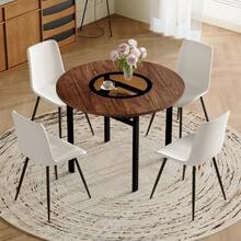 Modern Minimalist Round Table Set (With Integrated Storage Compartment And 4 White PU-Material Armchairs), Round Table With A 100 Cm Diameter In Brown Wood Look, Suitable For Dining Room & Kitchen. - White - View 5