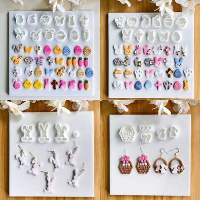 4/5/11/12pcs Easter Soft Clay Mold Set, Includes Rabbit, Egg, Lamb, Carrot, Cross Shaped Cutters, Miniature Size, Suitable For Easter Jewelry & Decoration DIY