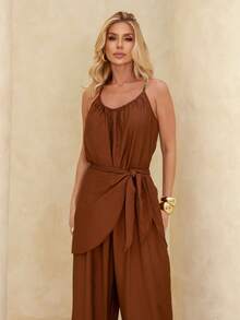 Women's Loose-Fitting Jumpsuit, Wide-Leg  Style, Jogger Style With Thin Straps And A Bow Tie - Comfortable And Elegant - 鏽棕色 - 查看 2